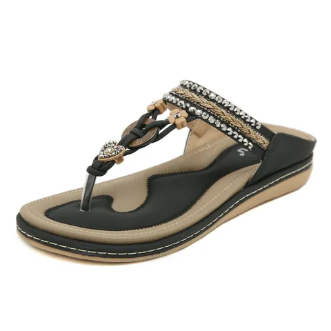 Women's Bohemian Flip Flop Sandals With Rhinestone Heart Flower Decor Flat Breathable Casual Beach Slides For Summer Vacation