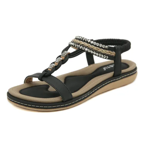 Women Bohemian Flat Sandals PU Leather T-Strap Rhinestone Braided Elastic Back Strap Breathable Casual Summer Beach Shoes
