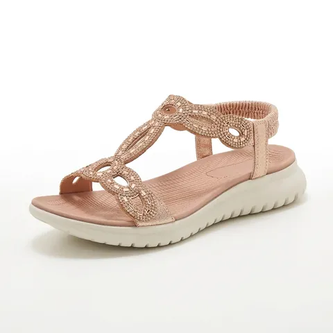 Women Casual Rhinestone Sandals Lightweight Summer Beach Shoes Elastic Back Strap Flat Sandals For Ladies