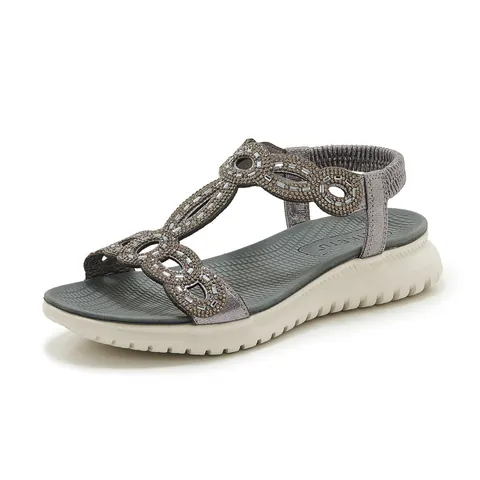 Women's Summer Rhinestone Sandals Lightweight Breathable PU Leather Elastic Back Strap Flat Beach Sandals Fashion Casual Walking Shoes