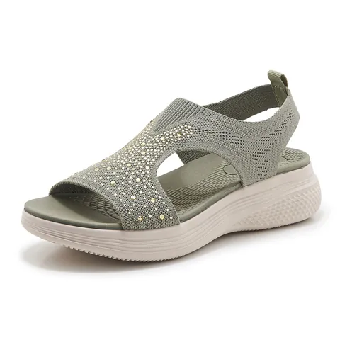Women's Sporty Flyknit Wedge Sandals Rhinestone Embellished Thick Sole Lightweight Breathable Casual Platform Shoes For Daily Travel
