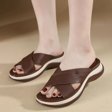Pantofole da Donna Casual con Zeppa e Plateau Cinturino Incrociato in Pelle PU Slides da Spiaggia Estive a Punta Aperta Leggere