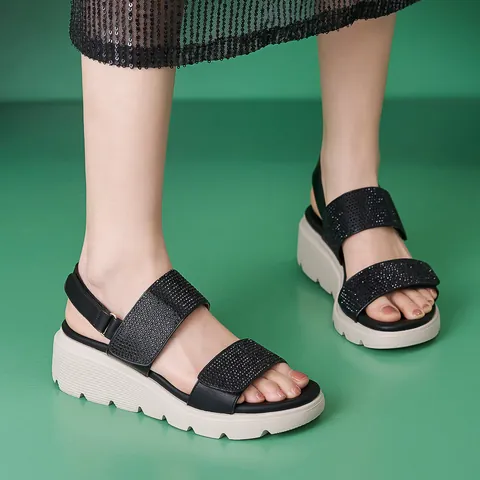 Women Wedge Sandals Rhinestone Embellished Platform Beach Shoes PU MD Sole Hook And Loop Summer Footwear Plus Size