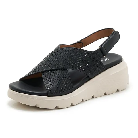 Women Rhinestone Platform Wedge Sandals Casual PU Leather Cross Strap Hook and Loop Non-Slip Height Increasing Shoes