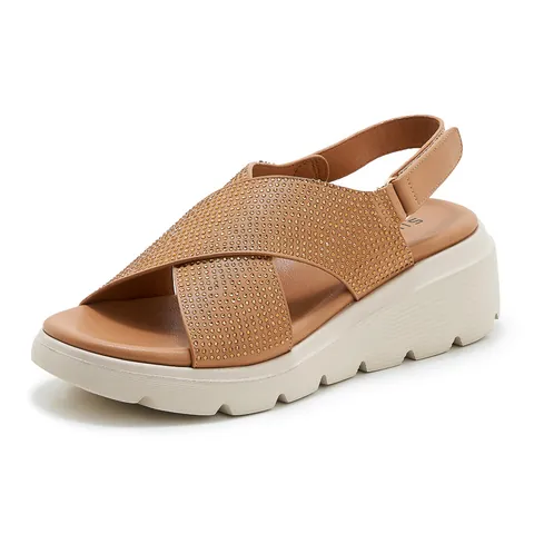 Women Rhinestone Platform Wedge Sandals Casual PU Leather Cross Strap Hook and Loop Non-Slip Height Increasing Shoes