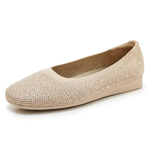 Women's Comfortable Knit Flat Shoes With Rhinestones Square Toe Slip On Ballet Flats Daily Casual Walking Fashion Shoes