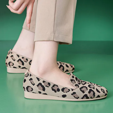 Women Leopard Print Fly-woven Flat Loafers Lightweight Breathable Soft Slip-on Walking Shoes For Casual Daily Office Wear