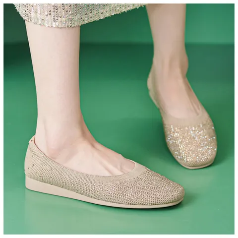 Women's Comfortable Knit Flat Shoes With Rhinestones Square Toe Slip On Ballet Flats Daily Casual Walking Fashion Shoes