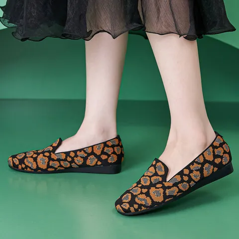 Women Leopard Print Fly-woven Flat Loafers Lightweight Breathable Soft Slip-on Walking Shoes For Casual Daily Office Wear