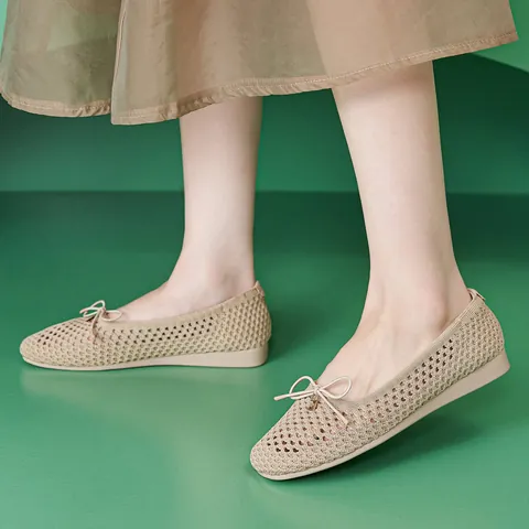 Women Bow Hollow Flyknit Flat Shoes Breathable Lightweight Slip On Ballet Flats Comfy Rubber Sole Low Heel Walking Shoes For Summer
