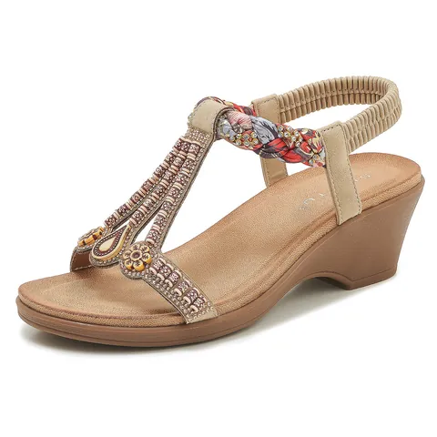 Μποέμ Σανδάλια Πλατφόρμας Για Γυναίκες T-Strap Με Χάντρες Ηλιοτρόπιο Στρας Casual Παπούτσια Παραλίας Ελαστικός Ιμάντας Δέρμα PU Σόλα TPR