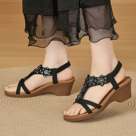 Women's Bohemian Wedge Sandals Rhinestone Flower PU Leather Elastic Back Strap Non-slip TPR Sole Summer Beach Casual Shoes