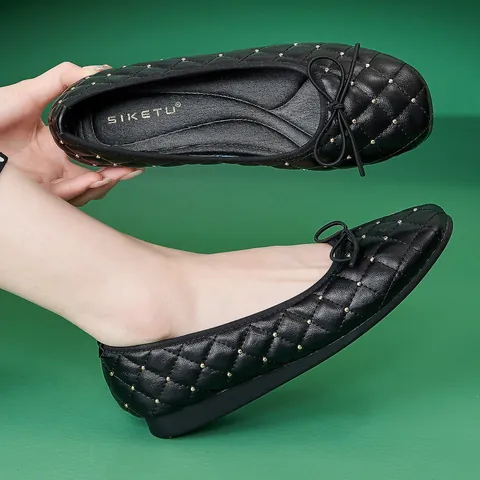 Women's Quilted Ballet Flats PU Leather Square Toe Slip On Shoes With Metal Studs Bow Decoration Casual Office Work Pumps
