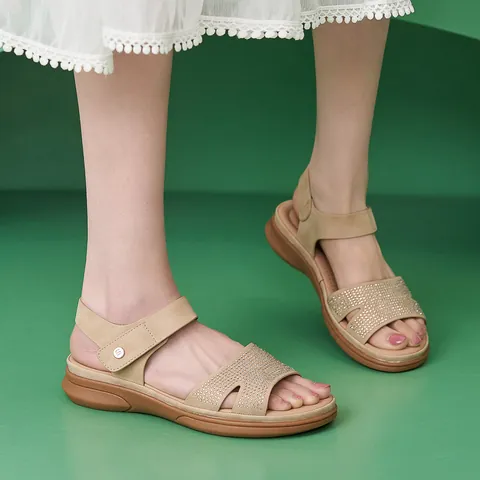 Sandalias de Cuña Casuales para Mujer Con Adornos de Strass Cuero de PU Ligeras Cómodas Transpirables Cierre de Gancho y Bucle Zapatos de Playa de Verano