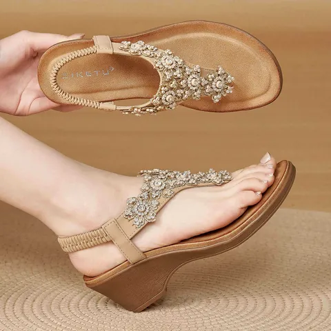 Women's Bohemian Wedge Sandals Rhinestone Flower T-Strap Flip Flop PU Leather Elastic Back Strap Casual Summer Beach Shoes