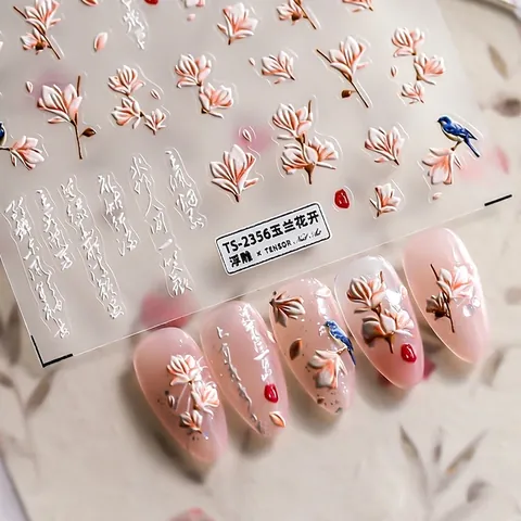 5D Geprägte Nagelkunst Aufkleber Magnolienblüte Blauer Vogel Kalligraphie Selbstklebend 3D Relief Nagelsticker Für Damen Maniküre