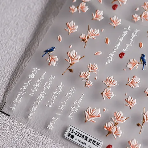 5D Geprägte Nagelkunst Aufkleber Magnolienblüte Blauer Vogel Kalligraphie Selbstklebend 3D Relief Nagelsticker Für Damen Maniküre