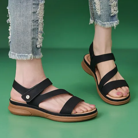 Women Casual Wedge Sandals Cross Strap Breathable Thick Sole Summer Beach Shoes With Round Metal Buckle For Daily Wear