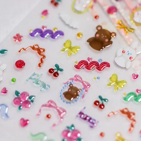 5D Stereoskopische Selbstklebende Nagelsticker Süße Cartoon Bär Hase Herz Punktmuster Design DIY Maniküre Dekoration Für Damen