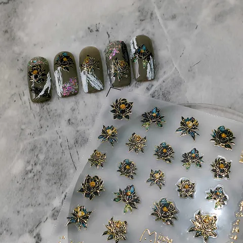 3D Embossed Lotus Flower Nail Art Stickers Vintage Japanese Chinese Style Gold Foil Self Adhesive Manicure Decoration For Women