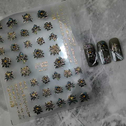 3D Embossed Lotus Flower Nail Art Stickers Vintage Japanese Chinese Style Gold Foil Self Adhesive Manicure Decoration For Women