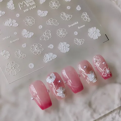 3D Relief Nail Art Stickers White Flower Daisy Butterfly Bow Pattern PET Self-Adhesive DIY Manicure Decoration For Women