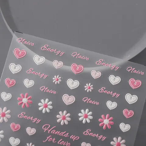 3D Embossed Nail Art Stickers Heart Daisy Patterns Self Adhesive Decals Pink White Sweet Style Nail Decorations For Women