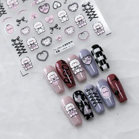 Japanese 5D Embossed Nail Art Stickers Romantic Bear Heart Bow Pattern Self Adhesive PET Stereo Manicure Decals Decoration For Women DIY Salon Nails