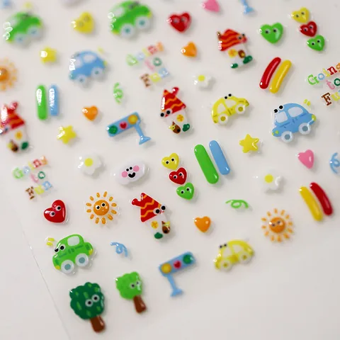 3D Geprägte Cartoon Nagelkunst Aufkleber PET Epoxidharz Süßes Auto Haus Sonne Herz Muster DIY Selbstklebende Maniküre Dekoration