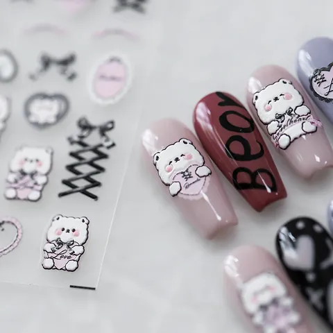 Japanese 5D Embossed Nail Art Stickers Romantic Bear Heart Bow Pattern Self Adhesive PET Stereo Manicure Decals Decoration For Women DIY Salon Nails