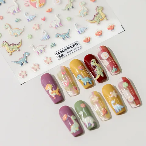 3D Reliëf Gedetailleerd Nagelstickers Zelfklevend Schattige Cartoon Dinosaurus Park Patroon DIY Manicure Decals Voor Vrouwen Kinderen