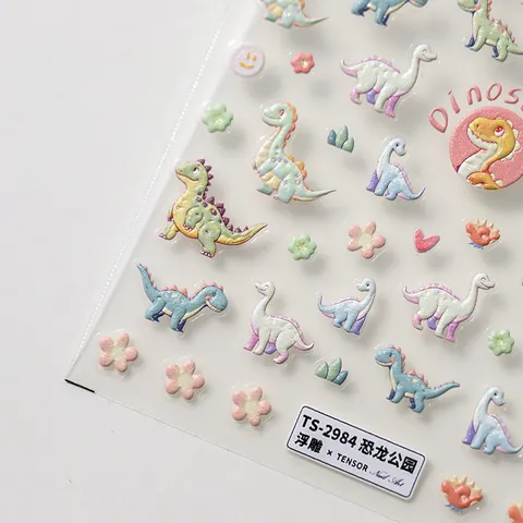 3D Reliëf Gedetailleerd Nagelstickers Zelfklevend Schattige Cartoon Dinosaurus Park Patroon DIY Manicure Decals Voor Vrouwen Kinderen