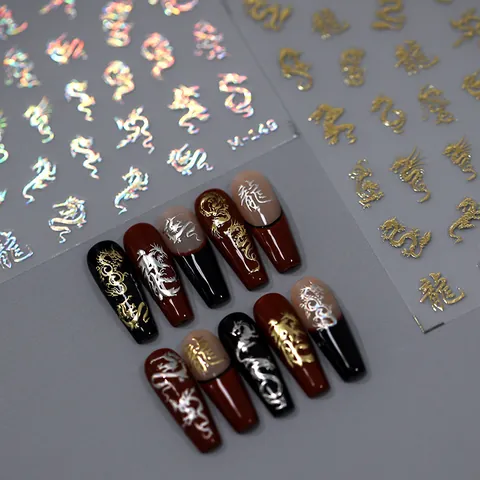 Pegatinas de Arte de Uñas con Patrón de Dragón en Relieve 5D 3D Autoadhesivas Lustre Metálico Dorado Holográfico Plata Oro Calcomanías de Uñas para Mujer Decoración de Manicura DIY