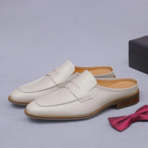 Handmade Genuine Cowhide Leather Loafer Mules For Men Casual Business Closed Toe Slip On Slippers Off White Gentleman Shoes