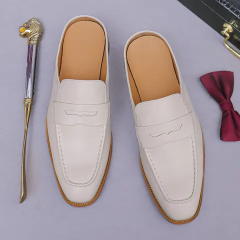 Handmade Genuine Cowhide Leather Loafer Mules For Men Casual Business Closed Toe Slip On Slippers Off White Gentleman Shoes