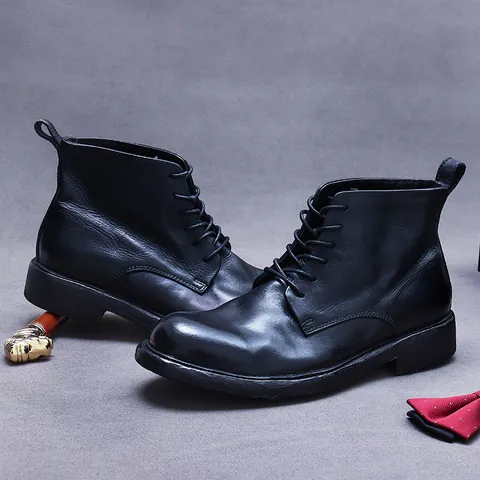 Men's Full Grain Cowhide Leather Goodyear Welted Boots Vintage British Style Business Casual Lace-up Ankle Boots For Men