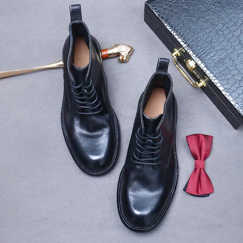 Men's Full Grain Cowhide Leather Goodyear Welted Boots Vintage British Style Business Casual Lace-up Ankle Boots For Men