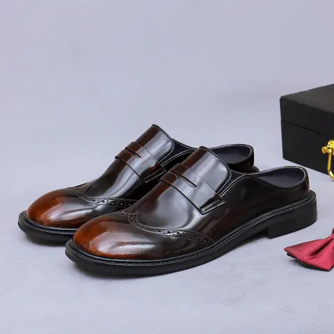 Men's Genuine Cowhide Leather Backless Loafer Mules Brogue Wingtip Slip On Casual Business Gentleman Shoes For Men