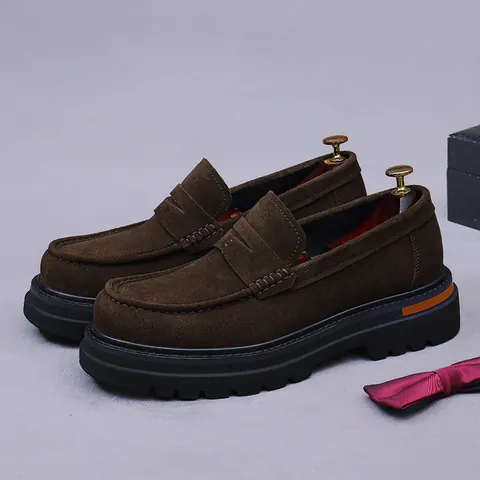 Men's Business Suede Leather Loafers Thick Sole Heightening Slip-On Casual Dress Shoes Mocha Brown Black Gentleman Shoes