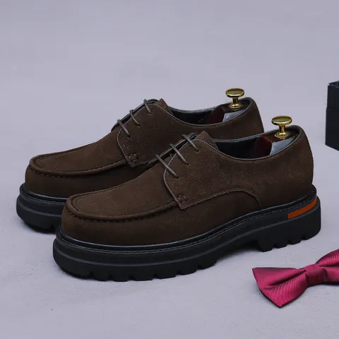 Men's Suede Cowhide Derby Shoes Thick Sole Height Increasing Business Casual Dress Shoes Solid Color Lace Up Office Shoes