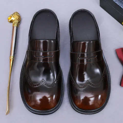 Men's Genuine Cowhide Leather Backless Loafer Mules Brogue Wingtip Slip On Casual Business Gentleman Shoes For Men