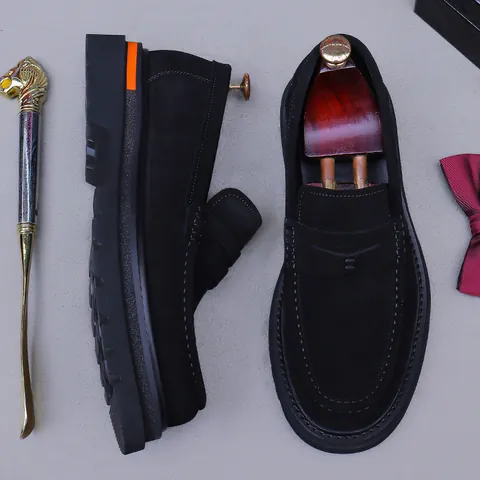 Men's Business Suede Leather Loafers Thick Sole Heightening Slip-On Casual Dress Shoes Mocha Brown Black Gentleman Shoes