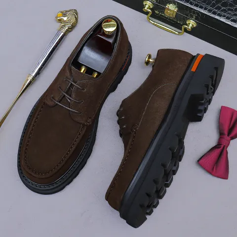 Men's Suede Cowhide Derby Shoes Thick Sole Height Increasing Business Casual Dress Shoes Solid Color Lace Up Office Shoes