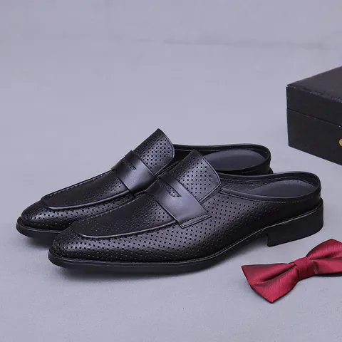 Uomo Scarpe Mule in Vera Pelle di Vacchetta Perforata Traspirante Business Casual Punta Chiusa Sandali Estate Loafer