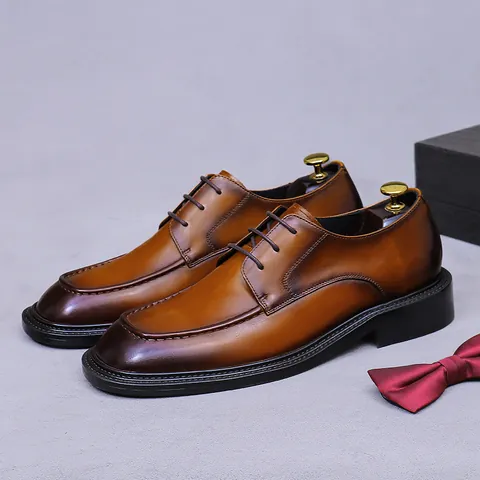 Men's Business Formal Cowhide Leather Shoes British Style Gradient Brown Black Wedding Dress Derby Shoes For Office Banquet
