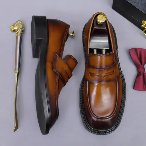 Mocassini Penny in Vera Pelle da Uomo Stile Britannico Traspiranti Slip On Scarpe da Ufficio Casual da Cerimonia Con Suola in Gomma