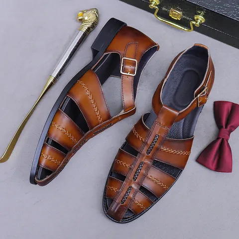 Sandalias Retro de Cuero Vacuno Genuino para Hombre Trenzado Calado Zapatos de Negocios Casuales Con Hebilla de Metal