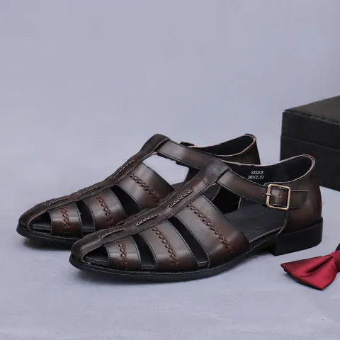 Sandalias Retro de Cuero Vacuno Genuino para Hombre Trenzado Calado Zapatos de Negocios Casuales Con Hebilla de Metal