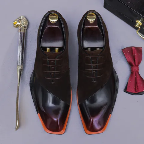 Men's Genuine Leather Business Dress Shoes Splicing Suede Polished Gradient Square Toe Lace Up Formal Shoes For Wedding Office