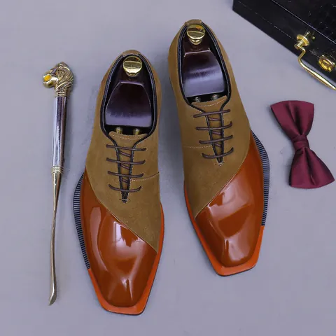 Men's Genuine Leather Business Dress Shoes Splicing Suede Polished Gradient Square Toe Lace Up Formal Shoes For Wedding Office